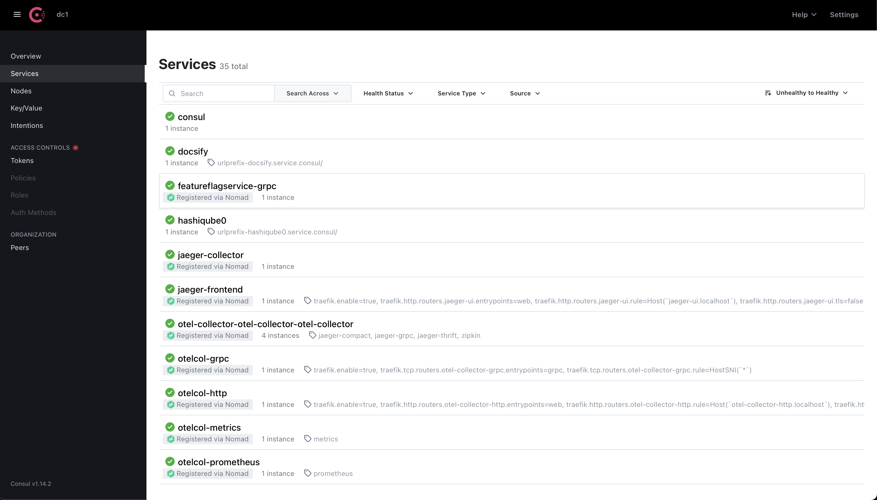 Consul のサービスヘルスのスクリーンキャプチャ。すべてのサービスが正常 Consul のサービスヘルスのスクリーンキャプチャ。すべてのサービスが正常