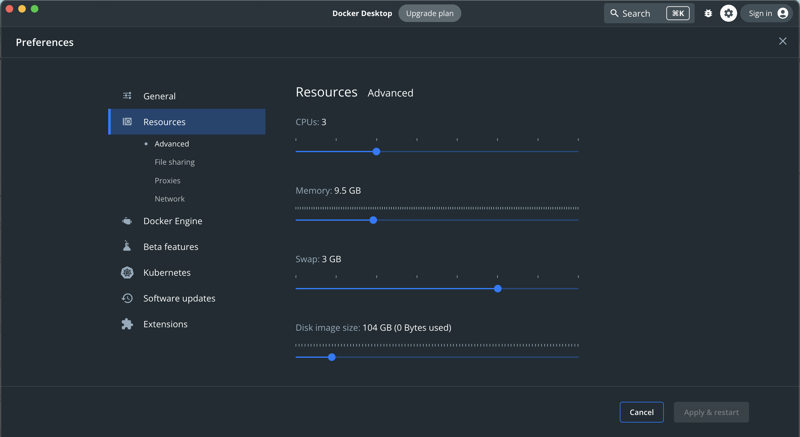 Docker Desktop のリソース設定のスクリーンキャプチャ Docker Desktop のリソース設定のスクリーンキャプチャ