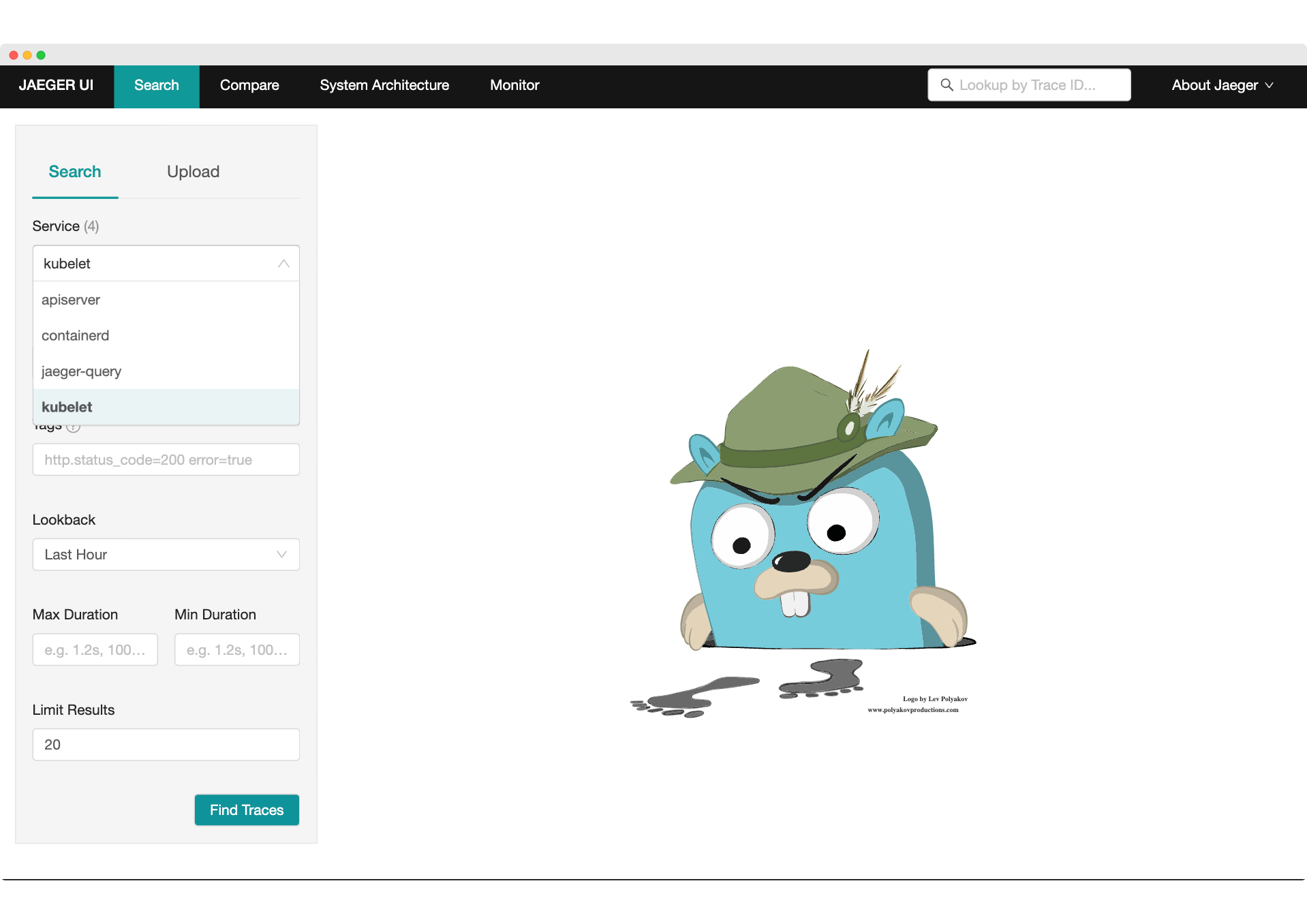 apiserver、containerd、kubelet サービスがオプションとして表示されている Jaeger のサービスドロップダウン画面