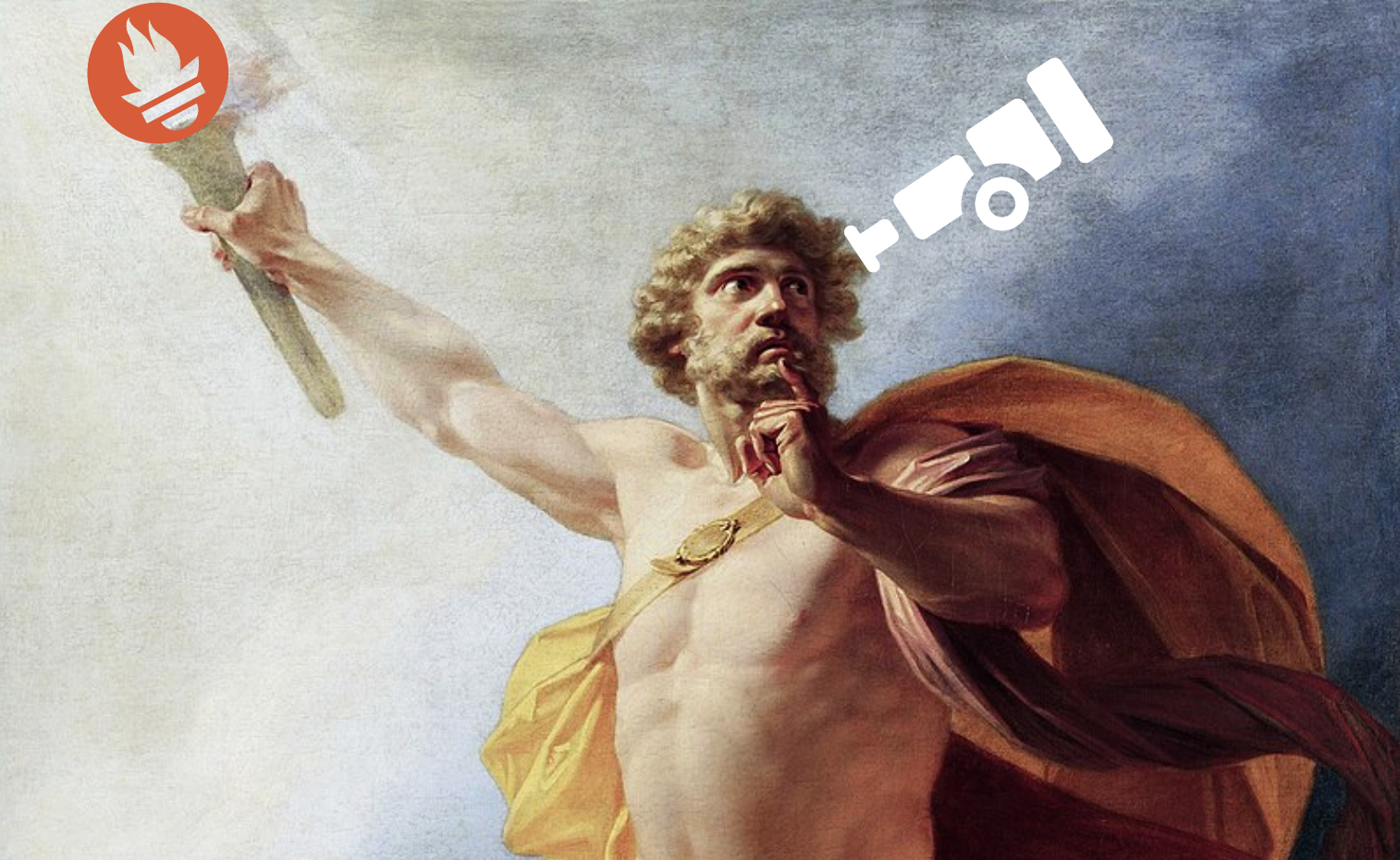 ギリシャの神がトーチを持ち、Prometheus ロゴと OTel ロゴが描かれた画像